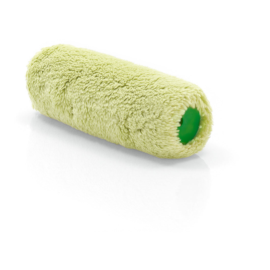 Eine Nölle Profi Brush Malerwalze Lammplüsch 18 cm, 18 mm Florhöhe von Nölle Profi Brush Bürsten- & Pinseltechnik e.K. mit einer weichen gelb-grünen Struktur und einem grünen Kern liegt auf einer weißen Oberfläche.