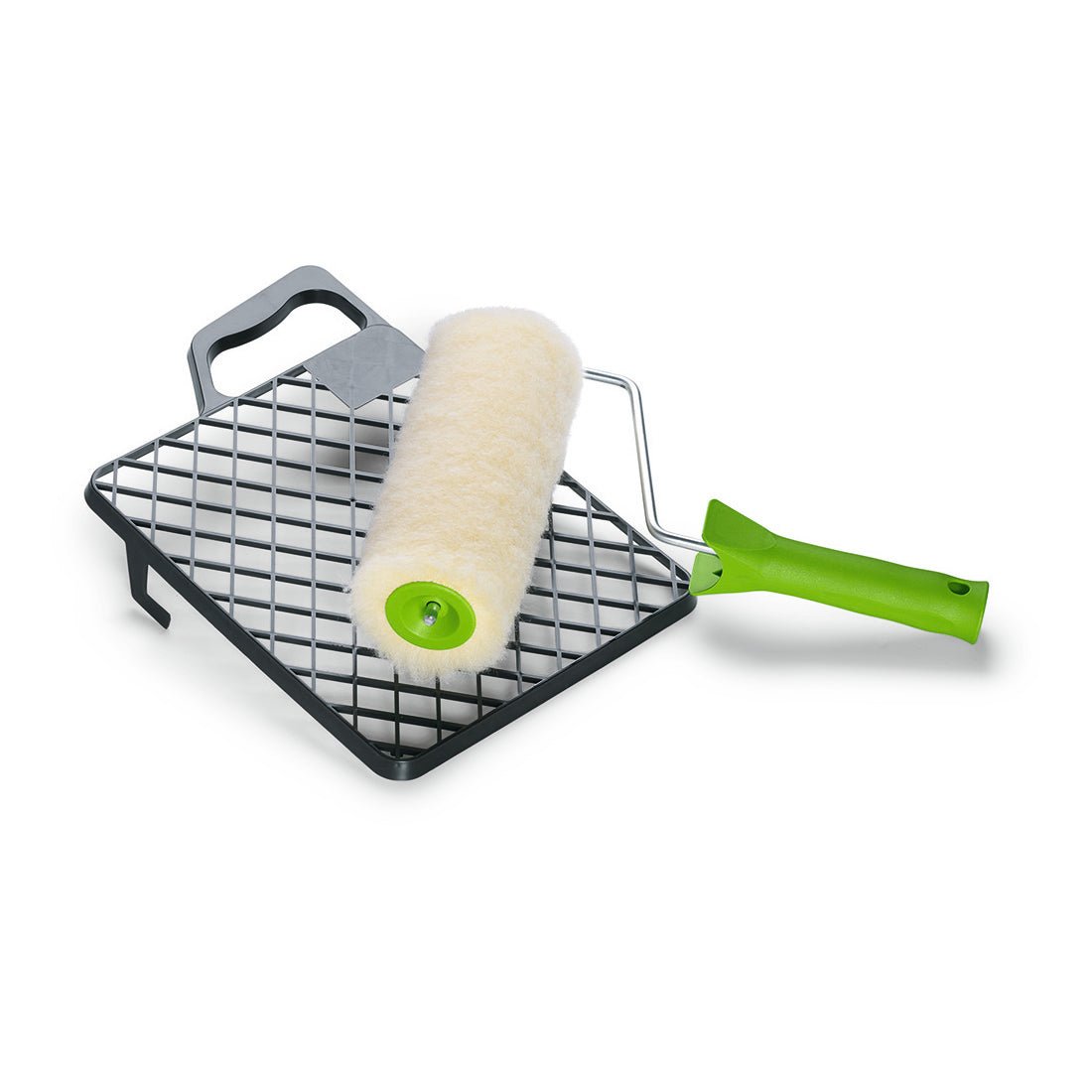 De Nölle Profi Brush schildersroller-set Vestan (Ø 42 mm, poolhoogte 20 mm), geschikt voor telescoopstangen, van Nölle Profi Brush borstels- & penseeltechniek e.K., rust op een metalen verfgitter met handvat voor een witte achtergrond.