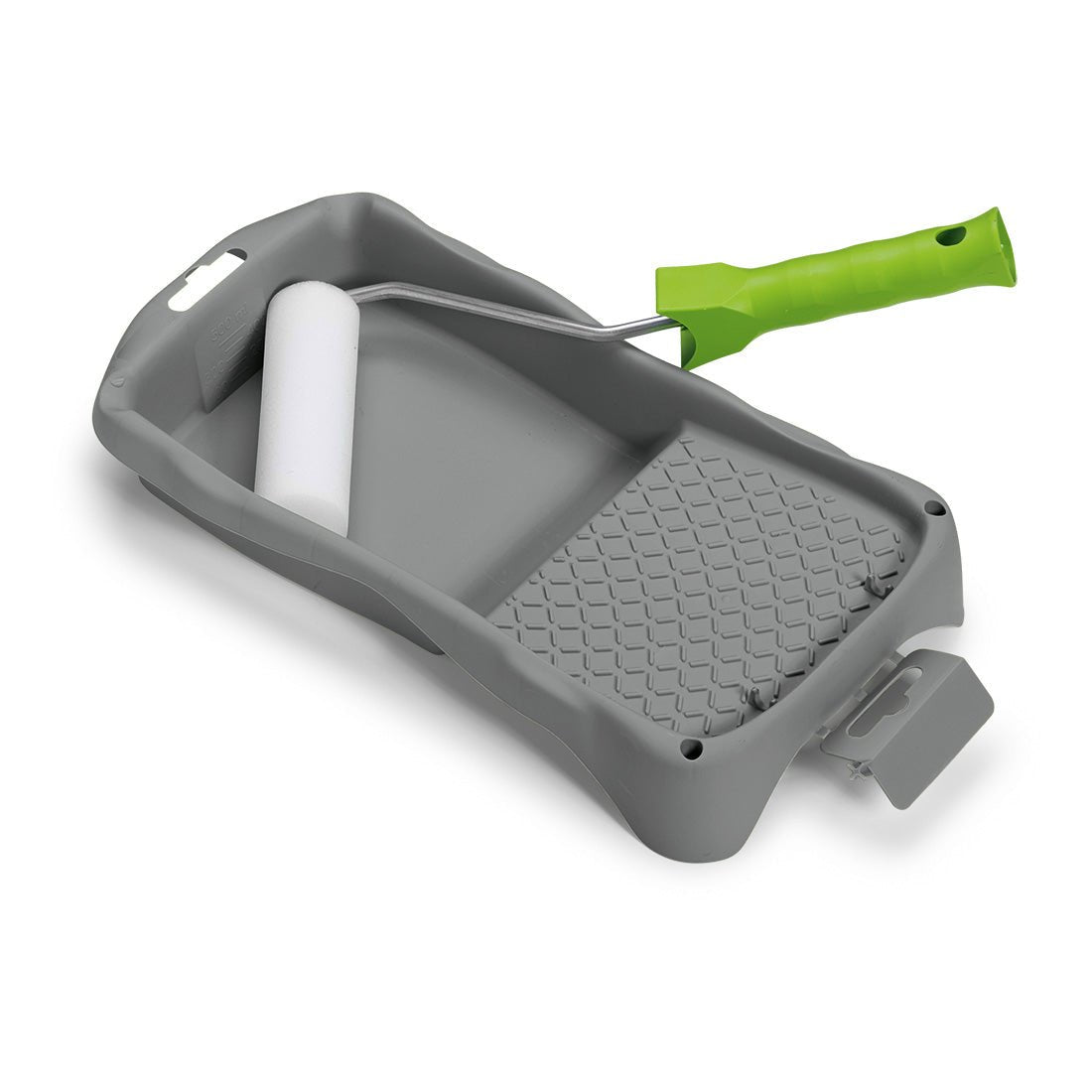 Grijze verfemmer met gestructureerd oppervlak en kleine witte roller met groene handgreep, ideaal voor professioneel schilderwerk of voor gebruik met de Nölle Profi Brush lakset, 10 cm ronde kwast van Nölle Profi Brush Borstel- & Penseeltechniek e.K.