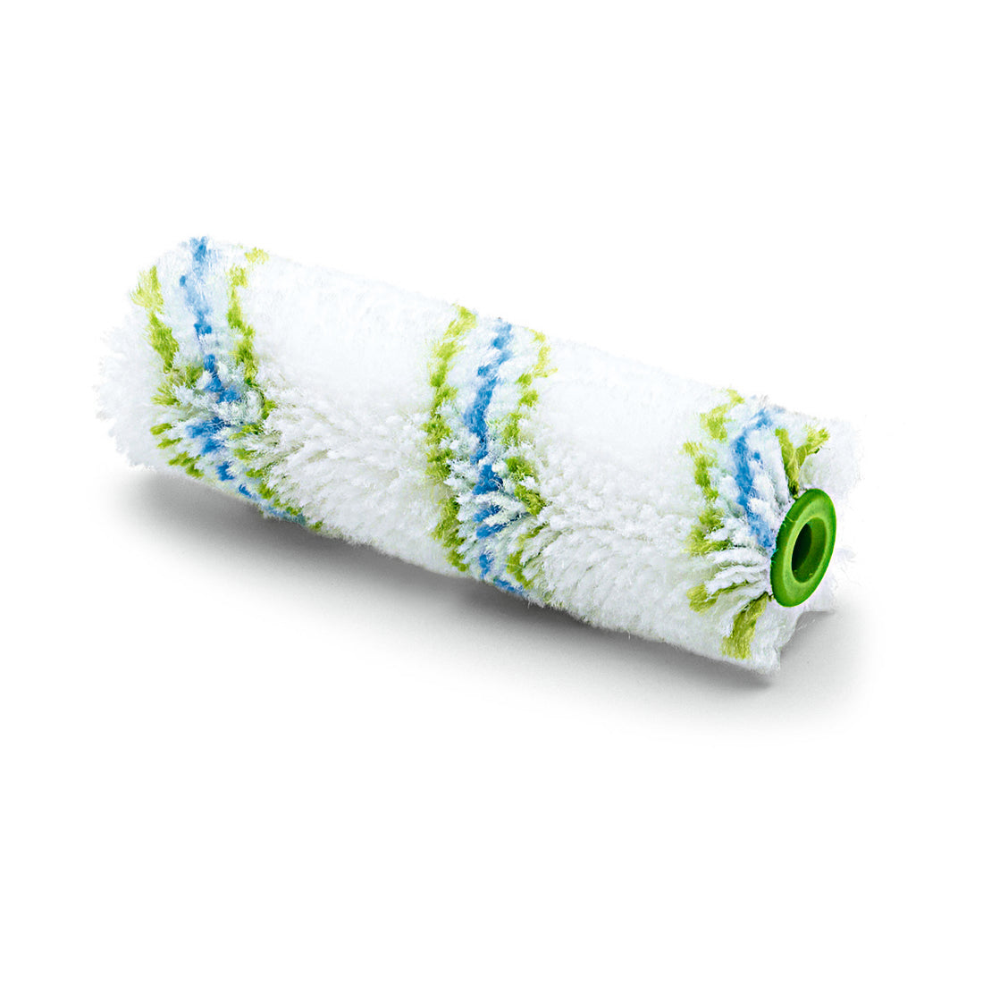 Die Nölle Profi Brush Meisterflor Kleinflächenwalze 10 cm / Ø 17 mm von Nölle Profi Brush Bürsten- & Pinseltechnik e.K. zeigt blaue und grüne Streifen mit grünem Kunststoffkern auf einfarbig weißem Grund.
