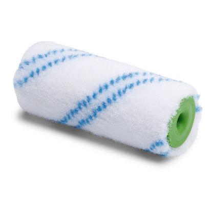 Die Nölle Profi Brush Kombiwalze Nylon 10 cm von Nölle Profi Brush Bürsten- & Pinseltechnik e.K. ist mit ihren blauen Diagonalstreifen und dem grünen Kern der ideale Malerbedarf für gleichmäßiges, effizientes Streichen auf weißen Flächen.