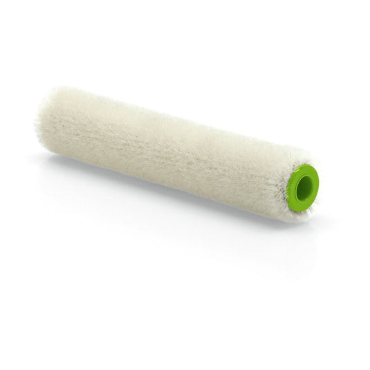 De Nölle Profi Brush Mohair Verfroller 10 cm (4 mm poolhoogte) van Nölle Profi Brush Borstel- & Pinseltechniek e.K., ideaal voor gladde oppervlakken, heeft een witte cilindrische mantel met groene kunststofkern op witte achtergrond.