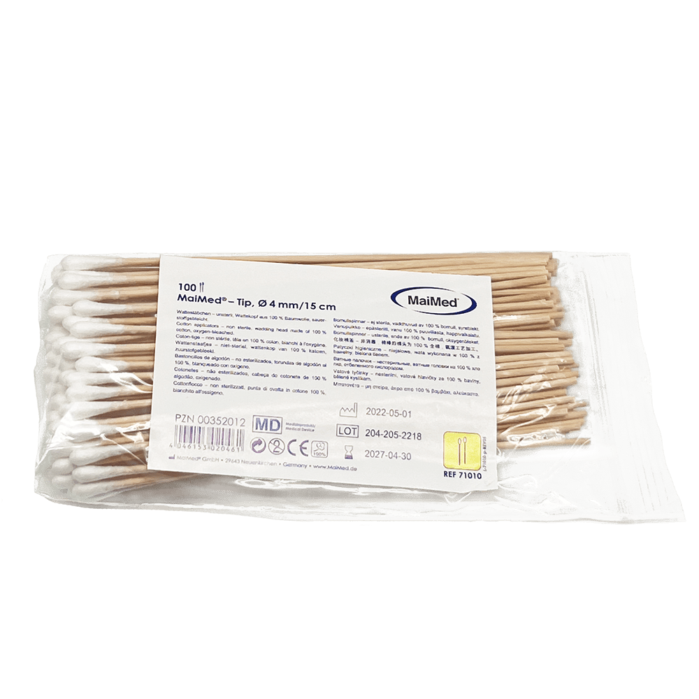 MaiMed - Tip niet-steriel wattenstaafje, 15 cm lang, houten stokje | Pak (100 stuks)