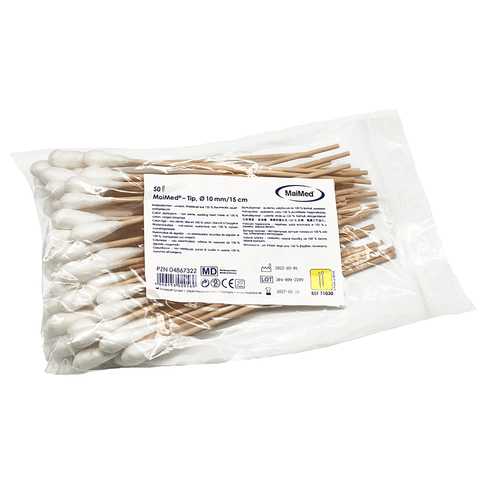 MaiMed - Tip niet-steriel wattenstaafje, 15 cm lang, houten stokje | Pak (100 stuks)