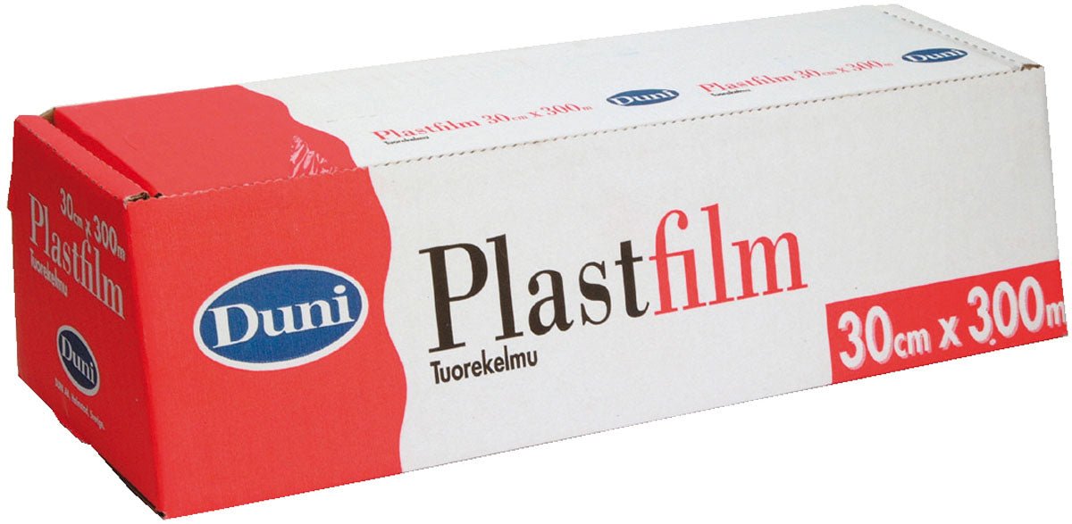 Een rechthoekige doos van Duni GmbH Vershoudfolie Transparant PVC 300 m, geëtiketteerd met "30 cm x 300 m", toont een rood-wit ontwerp met blauw logo. De ongeopende doos houdt voedsel vers en toont "Tuorekelmu" onder de productnaam.