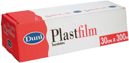 Een rechthoekige doos van Duni GmbH Vershoudfolie Transparant PVC 300 m, geëtiketteerd met "30 cm x 300 m", toont een rood-wit ontwerp met blauw logo. De ongeopende doos houdt voedsel vers en toont "Tuorekelmu" onder de productnaam.