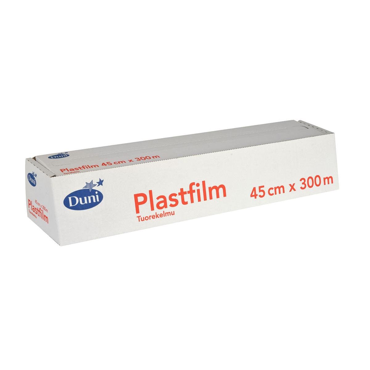 Een rechthoekige witte doos met de opdruk "Duni GmbH Vershoudfolie Transparant PVC 300 m" met blauwe en rode letters, ideaal om voedsel vers te houden. De 45 cm brede rol wordt geleverd in een verpakking met een geperforeerde rand voor eenvoudige verwijdering.