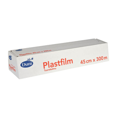 Een rechthoekige witte doos met de opdruk "Duni GmbH Vershoudfolie Transparant PVC 300 m" met blauwe en rode letters, ideaal om voedsel vers te houden. De 45 cm brede rol wordt geleverd in een verpakking met een geperforeerde rand voor eenvoudige verwijdering.