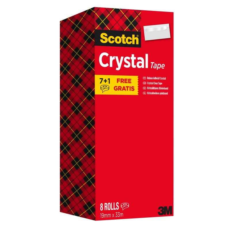 Een doos Scotch® Crystal plakband van 3M Deutschland GmbH: transparant plakband, voordeelverpakking met 8 rollen (19 mm x 33 m), met "7+1 Free".