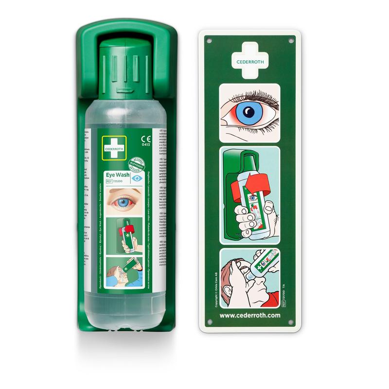 Eine grüne Orkla Wound Care AB Wandhalterung für 500 ml Augenspülung enthält ein phosphoreszierendes Hinweisschild und eine Augenabbildung. Gebrauchsanweisung: Kappe öffnen, ans Auge halten, zum Spülen zusammendrücken. Die Packung enthält 1 Einheit.