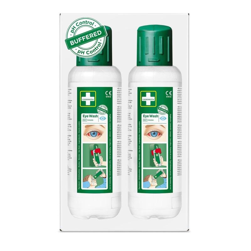Cederroth Oogspoeling 2 x 500 ml van Orkla Wound Care AB: Twee witte flessen met groene dop en een ooglabel met de tekst pH Control Buffered. Perfect voor een snelle reactie bij oogongevallen. De verpakking bevat 2 stuks (2-pack).