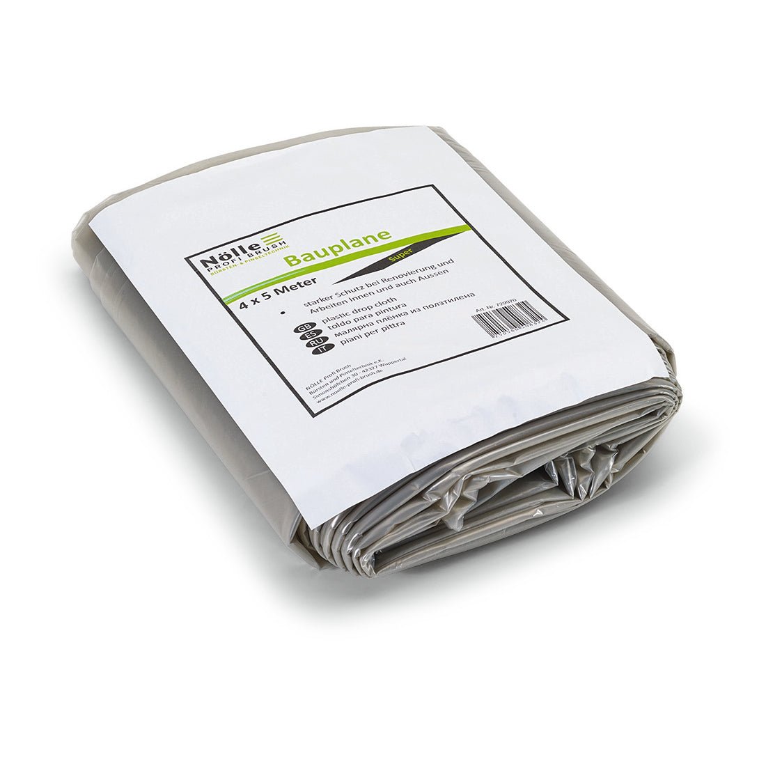Een gevouwen grijze Nölle Profi Brush bouwzeil 4x5 m, 75 my, met een stevig wit etiket met de tekst "4x5 m" en de productinformatie evenals de barcode van Nölle Profi Brush Borstel- & Penseeltechniek e.K., op een witte achtergrond.