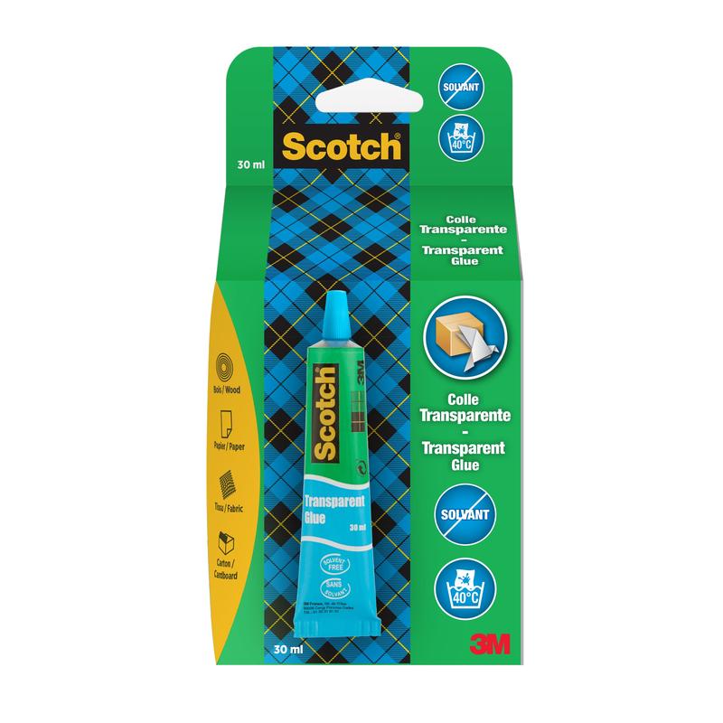 Een 30 ml tube Scotch® transparante oplosmiddelvrije lijm voor huishoudelijk gebruik van 3M Deutschland GmbH in blauwe en groene verpakking, geschikt voor hout, papier, stof en karton. Transparant en oplosmiddelvrij.