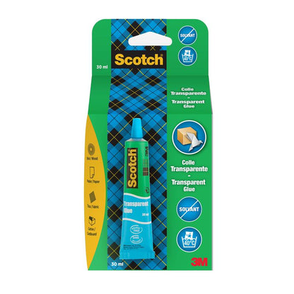 Een 30 ml tube Scotch® transparante oplosmiddelvrije lijm voor huishoudelijk gebruik van 3M Deutschland GmbH in blauwe en groene verpakking, geschikt voor hout, papier, stof en karton. Transparant en oplosmiddelvrij.