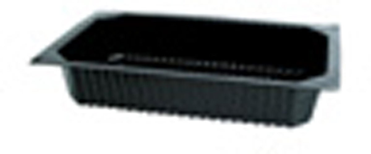 De Duni GmbH PP Schale 1/4 GN Schwarz is een zwarte eettray met geribbelde zijkanten en een platte rand, perfect voor buffetpresentaties in de horeca, afgebeeld op een witte achtergrond.