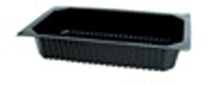 De Duni GmbH PP Schale 1/4 GN Schwarz is een zwarte eettray met geribbelde zijkanten en een platte rand, perfect voor buffetpresentaties in de horeca, afgebeeld op een witte achtergrond.