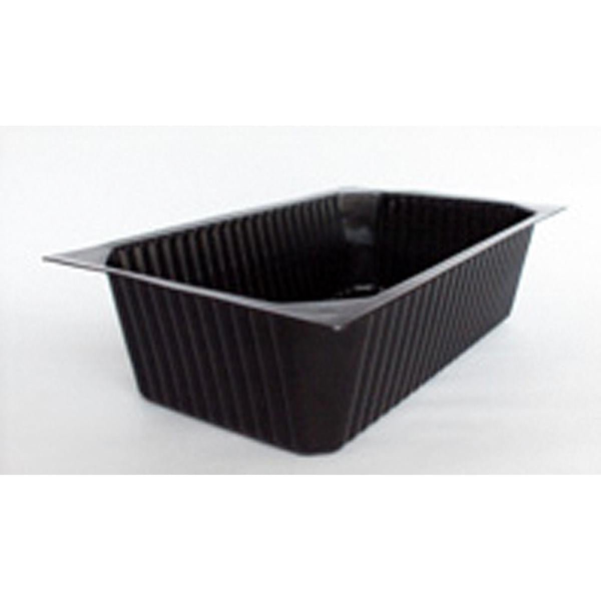 De Duni GmbH PP Schale 1/4 GN Schwarz is een zwarte, rechthoekige, geribbelde schaal, die ideaal is voor presentatie op een buffet en op een witte achtergrond is afgebeeld.