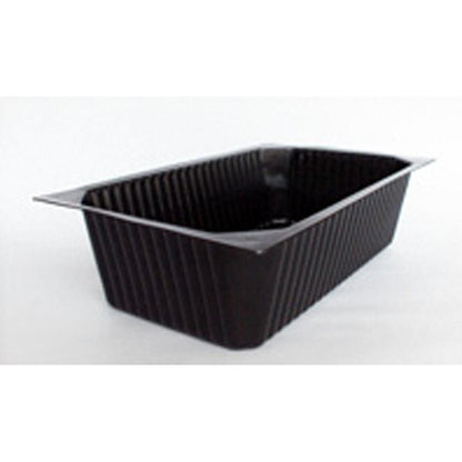 De Duni GmbH PP Schale 1/4 GN Schwarz is een zwarte, rechthoekige, geribbelde schaal, die ideaal is voor presentatie op een buffet en op een witte achtergrond is afgebeeld.