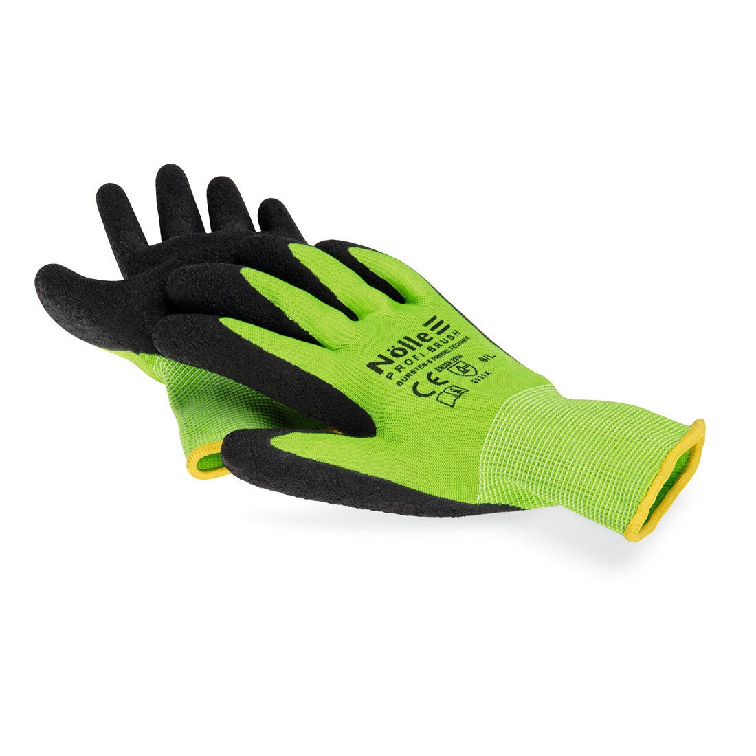 Een paar groene Nölle Profi Brush Soft-Grip Handschoen Prestige Werkhandschoenen van Nölle Profi Brush Borstel- & Penseeltechniek e.K. met zwart gegummeerde handpalmen, veiligheidsmarkeringen en gele polsboord - ideaal voor professionele schoonmaakwerkzaamheden.