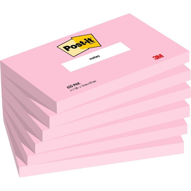 Een stapel van zes roze Post-it® notitieblaadjes (76 x 127 mm, 100 vel/blok, 100% PEFC) van 3M Deutschland GmbH, waarbij elk blok bovenaan het "Post-it"-logo en rechtsonder de opdruk "3M" heeft.
