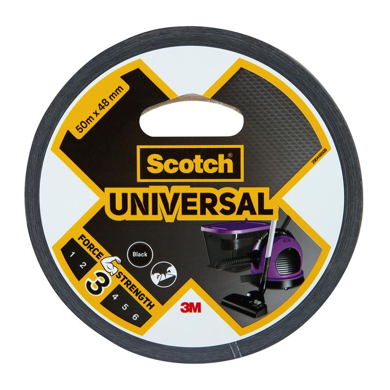 Een rol Scotch® Universele Tape 2904 van 3M Deutschland GmbH, 50 m x 48 mm, zwart. De verpakking toont een sterkte van 3/6 en toont afbeeldingen van een stofzuiger en andere apparaten.
