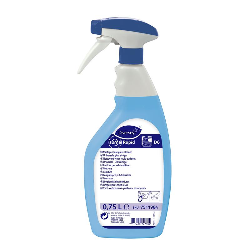 Een blauw-witte 750ml spuitfles "Diversey Suma Rapid D6, Universele glas- en oppervlaktereiniger" van Diversey Deutschland GmbH & Co. OHG, voorzien van productinformatie en instructies voor streeploze reiniging.