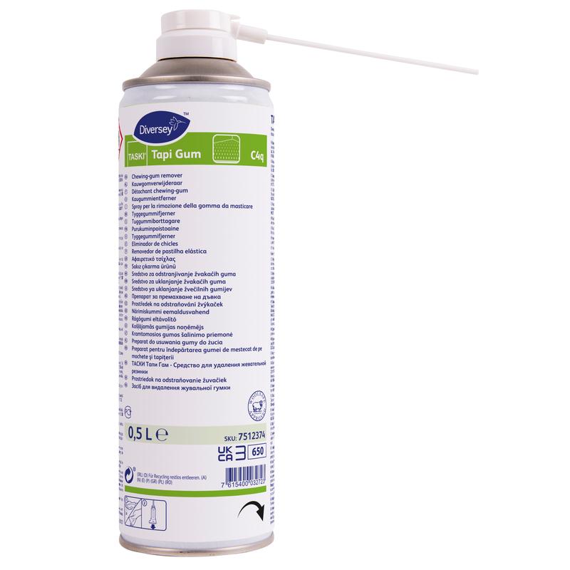 Eine 500 ml-Dose TASKI Tapi Gum Kaugummientferner von Diversey Deutschland GmbH & Co. OHG, komplett mit Sprühkopf und mehrsprachiger Anleitung, steht auf weißem Grund - ideal zum Entfernen von Kaugummi auf Böden und anderen Oberflächen.