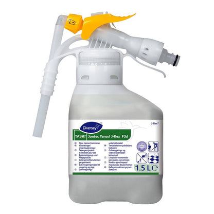 Een 1,5-liter container van wit kunststof met TASKI Jontec Tensol hooggeconcentreerde reiniger van Diversey Deutschland GmbH & Co. OHG, met een gele sproeikop en een etiket met productdetails en gebruiksaanwijzingen.