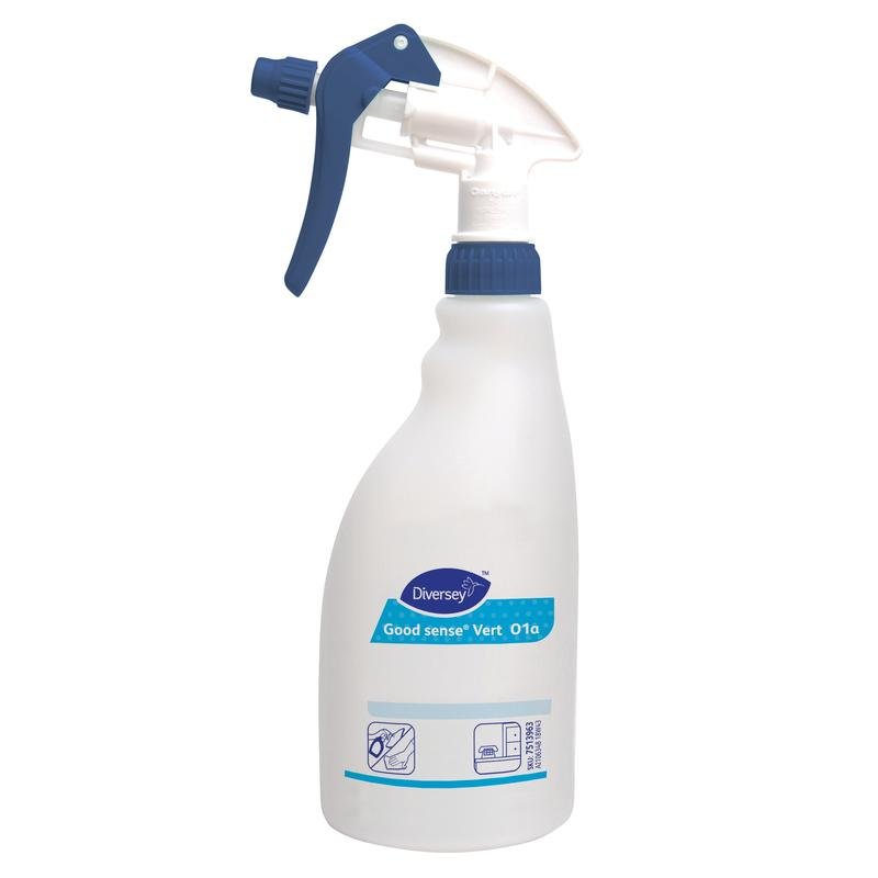 Een witte kunststof triggersprayfles (0,5L) met blauwe sproeier van Diversey Deutschland GmbH & Co. OHG, met het opschrift "Good Sense Vert" en een geïllustreerde reinigingsinstructie aan de onderkant. Verkocht als karton (5 flessen).