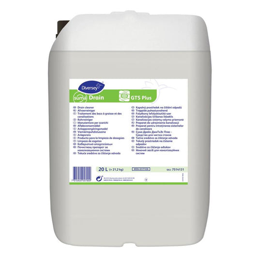 Der Suma Drain GTS plus Rohrreiniger von Diversey Deutschland GmbH & Co. OHG ist ein großer weißer 20-Liter-Kunststoffkanister mit Griff, ideal für Abflüsse in Küche und Bad, mit mehrsprachiger Anleitung und dem Diversey-Logo.