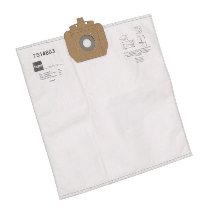 De vlies-stofzak Vento 8 van Diversey Deutschland GmbH & Co. OHG is een witte stofzuigerzak met een kartonnen kraag en een ronde opening, die aan de voorkant bedrukt is met tekst en afbeeldingen en gemaakt is van hoogefficiënte materialen voor een optimale stofopname.