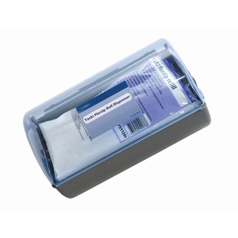 De TASKI Florzip-dispenser 65 van Diversey Deutschland GmbH & Co. OHG is een wandgemonteerde kunststofdispenser met een transparant deksel en grijze bodem, die wordt geleverd met 150 witte, met olie doordrenkte doeken (65 x 25 cm) voor reiniging.