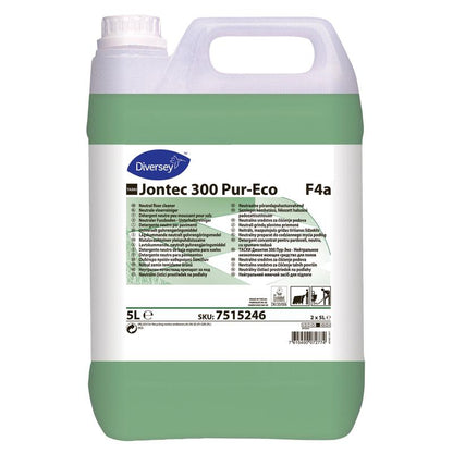 Ein 5-Liter-Kunststoffbehälter TASKI Jontec 300 Neutraler Fußbodenunterhaltsreiniger von Diversey Deutschland GmbH & Co. OHG, mit grüner Flüssigkeit und einem Etikett auf der Vorderseite für streifenfreien Glanz auf wasserbeständigen Oberflächen.