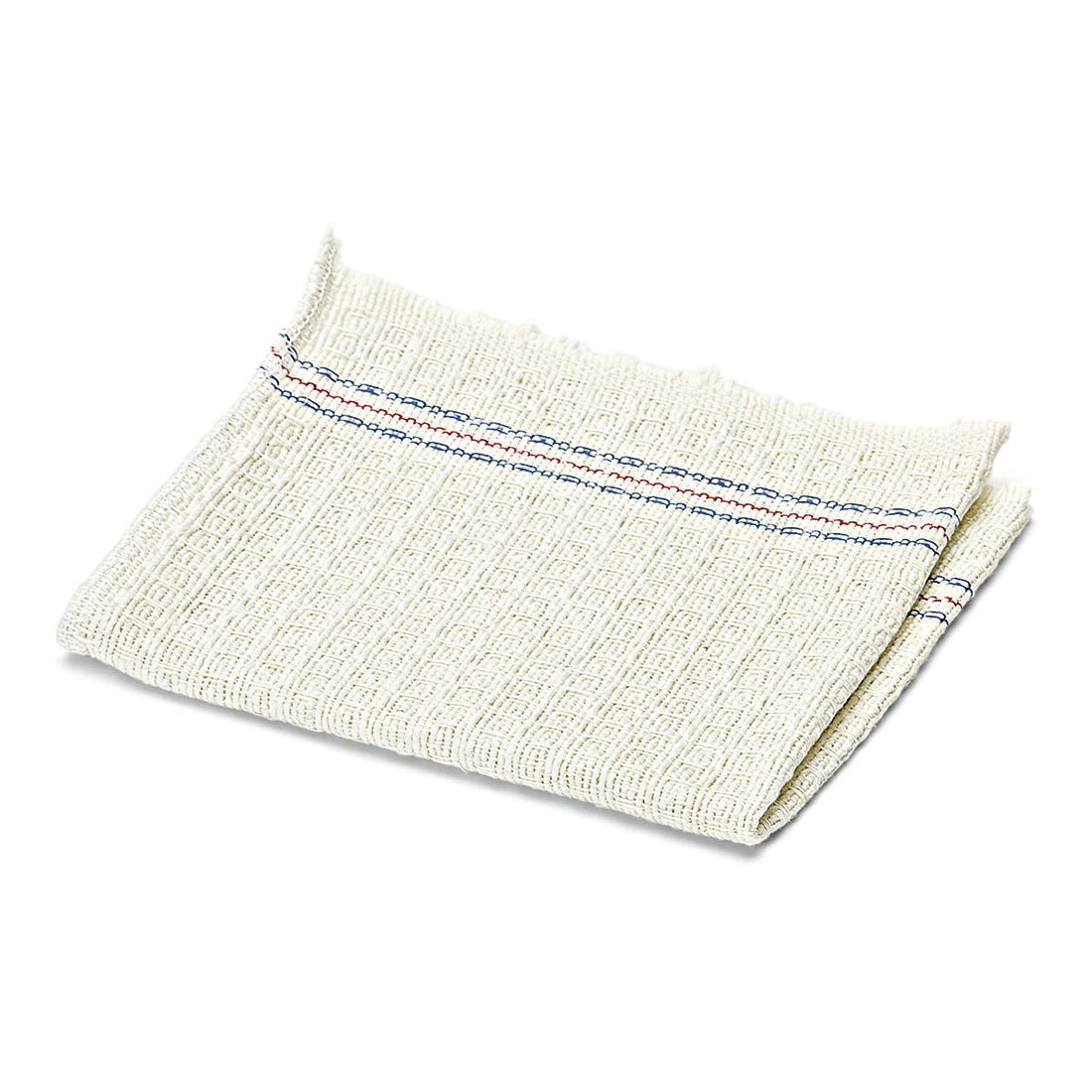 De Nölle Profi Brush wafeldoek van katoen (35 x 35 cm, absorberend, 1 stuk) van Nölle Profi Brush Borstel- & Pinseltechniek e.K. kenmerkt zich door een gevouwen, crèmekleurig katoenpatroon met blauw-rood gestreepte rand op een witte achtergrond.