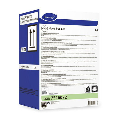 Eine Schachtel Suma Nova Pur-Eco L6 Geschirrreiniger, flüssig, von Diversey Deutschland GmbH & Co. OHG für gewerbliche Geschirrspüler mit auf der Verpackung aufgedruckten Produktinformationen, Anweisungen, Symbolen und SKU 7516072.
