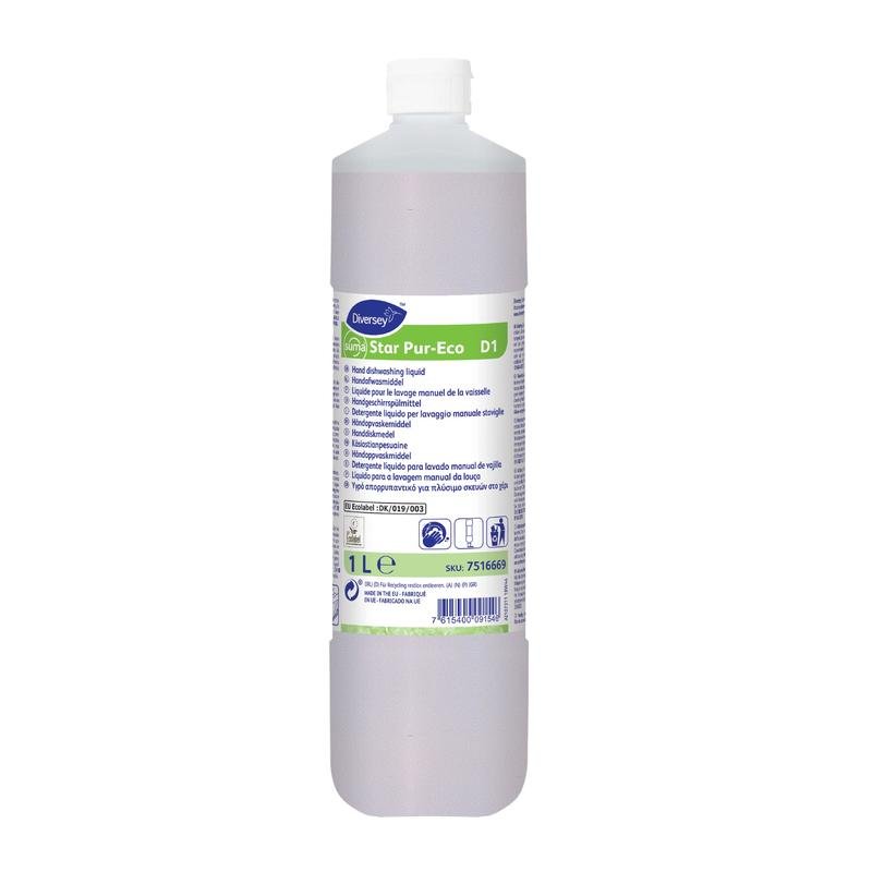 De 1-liter Suma Star Pur-Eco D1 handafwasmiddel van Diversey Deutschland komt in een fles met een witte dop en een groen-wit etiket met meertalige instructies; ideaal voor milieuvriendelijk afwassen.