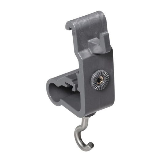 Der TASKI Zubehörhalter der Diversey Deutschland GmbH & Co. OHG ist ein grauer Hakenaufsatz aus Kunststoff und Metall mit Befestigungsschlitz und zentraler Metallschraube, der zum Anschließen oder Aufhängen von Gegenständen zur Organisation von Reinigungsutensilien konzipiert ist.