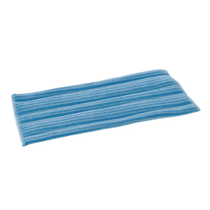 De TASKI Jonmaster Standard Damp Mop klittenband-microvezelhoezen van Diversey Deutschland GmbH & Co. OHG is een rechthoekig blauw microvezel-reinigingspad met dunne witte strepen, ontworpen voor efficiënte reiniging en afgebeeld op een witte achtergrond.