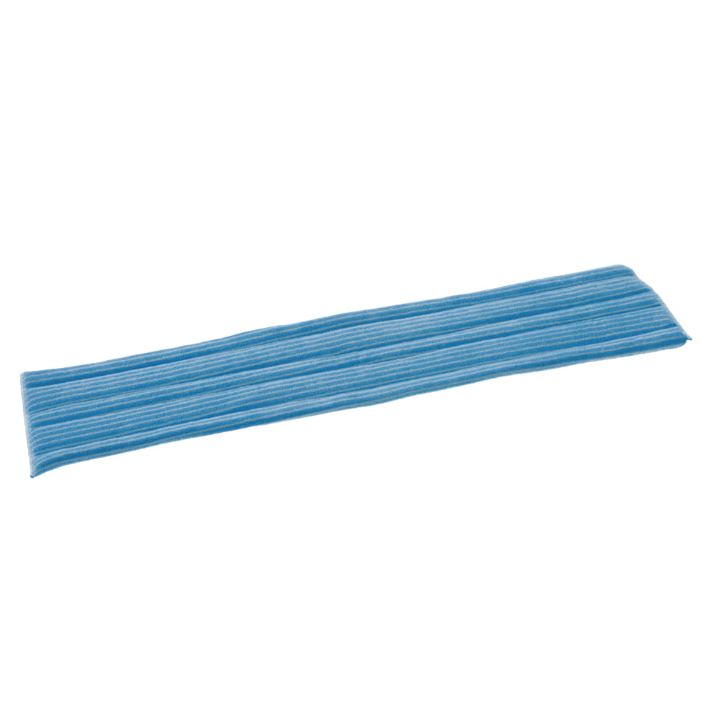 De TASKI Jonmaster Standard Damp Mop klittenband-microvezelhoezen van Diversey Deutschland GmbH & Co. OHG is een lang, rechthoekig blauw-wit microvezeldoek voor grondige, efficiënte reiniging, afgebeeld op een witte achtergrond.