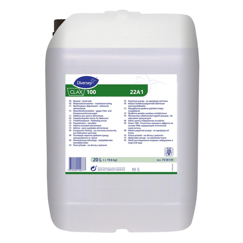 Een 20-liter jerrycan Clax 100 Waschkraftverstärker - Voedselverontreinigingen van Diversey Deutschland GmbH & Co. OHG, met wit, meertalig etiket, handvat en schroefdop voor de effectieve reiniging van voedselvlekken.