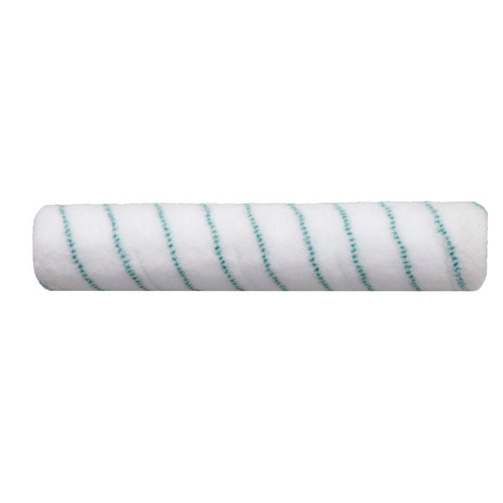 De actieve vezelpadrol 38 cm microvezelrol van Diversey Deutschland GmbH & Co. OHG, ontworpen voor de swingo 350, is een witte cilindrische microvezelrolhoes met diagonale groene strepen, afgebeeld op een effen witte achtergrond. Verpakking: 1 stuk.