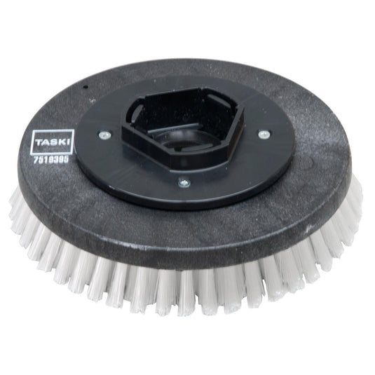 Een ronde, zwarte kunststof schrobborstel van nylon (28 cm) van Diversey Deutschland GmbH & Co. OHG, met stijve witte borstelharen, geschikt voor de swingo 955/1255/2100/5000 voor een grondige reiniging – standaard schrobborstel, 1 stuk per verpakking.
