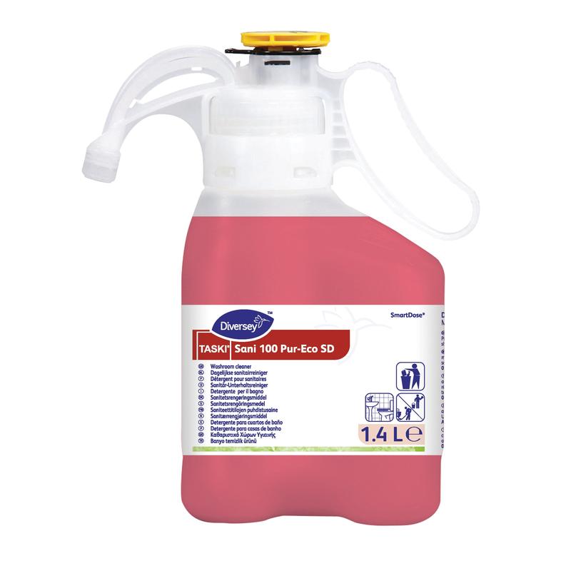 Een 1,4-liter container TASKI Sani 100 Pur-Eco, pH-neutrale sanitairreiniger van Diversey Deutschland GmbH & Co. OHG, ideaal voor marmeroppervlakken, met EU-milieucertificering; met witte deksel/handvat, gele dop, rode vloeistof.