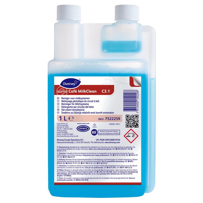 De 1L Suma Café MilkClean C3.1 melksysteemreiniger van Diversey Deutschland GmbH & Co. OHG heeft een blauwe vloeistof, een dubbele halsfles, een witte sluiting en een meertalig etiket met gebruiks- en veiligheidsinstructies voor het reinigen van koffiemachines.