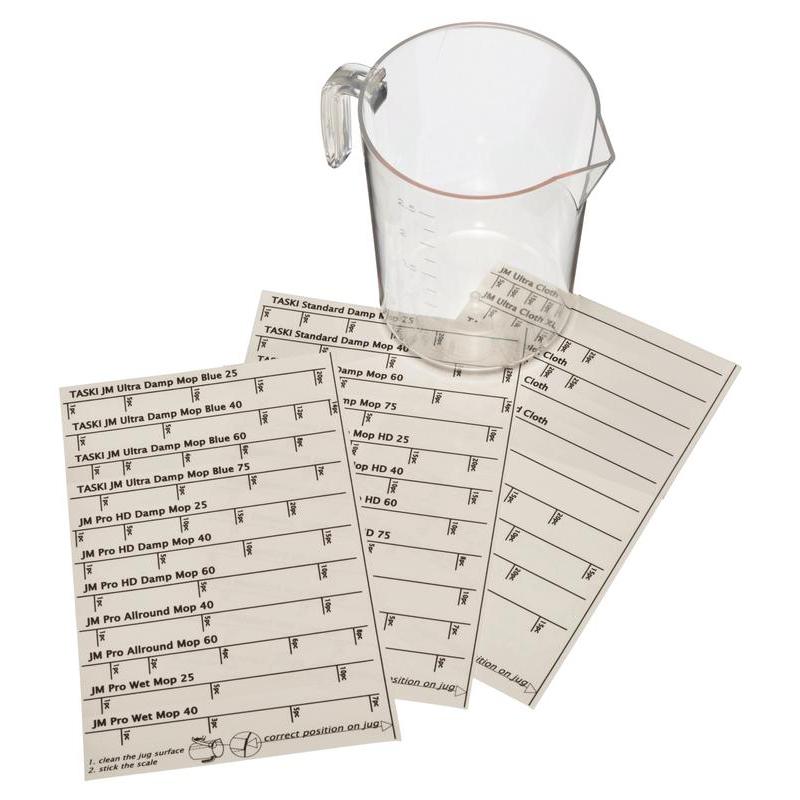 Op drie vellen uit de sticker set voor maatbekers, vervangende sticker set voor maatbekers | Verpakking (1 stuk) van Diversey Deutschland GmbH & Co. OHG; op de stickers staan mop-typen met vakjes en instructies vermeld. De achtergrond is wit.