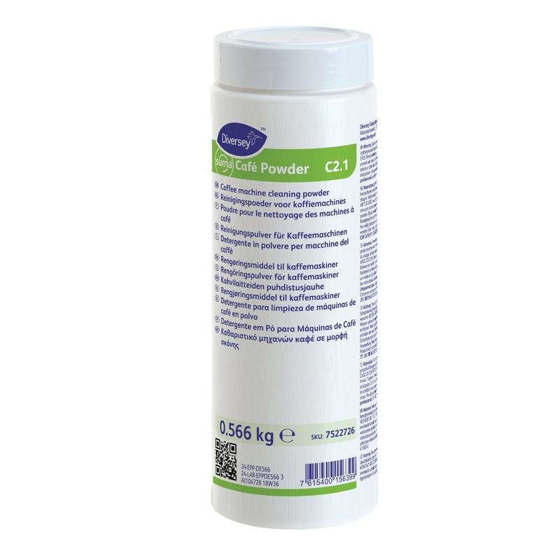 Een witte cilindrische container met het opschrift "Suma Café Powder C2.1, reinigingspoeder voor koffiemachines" (566 g) van Diversey Deutschland GmbH & Co. OHG met duidelijk zichtbare meertalige productinformatie op het etiket.