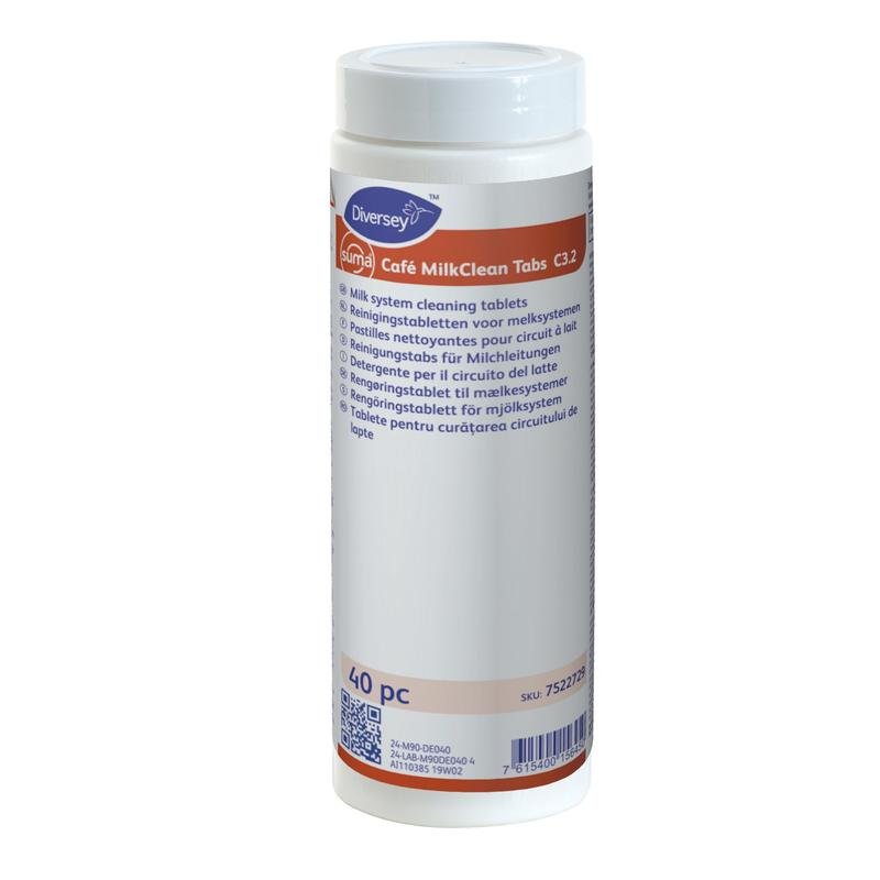 Een witte cilindervormige container met het opschrift "Suma Café MilkCleanTabs C3.2" van Diversey Deutschland GmbH & Co. OHG, bevat 40 reinigingstabletten voor melksystemen voor het reinigen van melksystemen van koffiemachines. Op de voorkant staan meerdere talen vermeld.