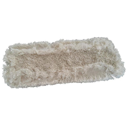 De TASKI Multi Mop Cut Fringe van Diversey Deutschland GmbH & Co. OHG is een rechthoekige, witte mopkop met ruige franjes aan de randen en een gestructureerde microvezel in het midden, afgebeeld op een witte achtergrond.