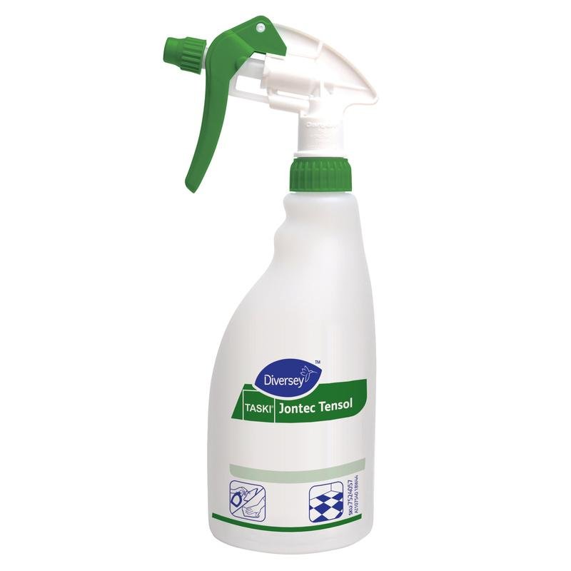 Een witte 0,5L triggerspuitfles voor Jontec Tensol van Diversey Deutschland GmbH & Co. OHG met groene trekker en reinigingssymbolen, ideaal voor de effectieve reiniging van harde vloeren.