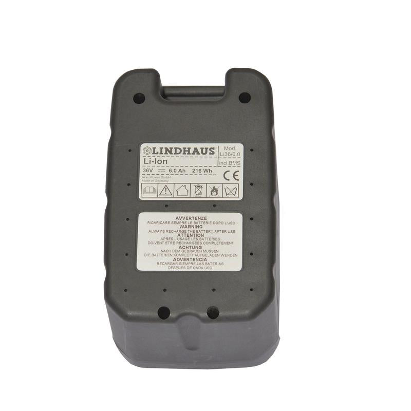 Een rechthoekige grijze TASKI Lithium batterij 36V 6Ah van Diversey Deutschland GmbH & Co. OHG, passend voor TASKI Aero BP Lithium en TASKI swingo 150 B, met technische gegevens en certificeringssymbolen op een witte achtergrond.